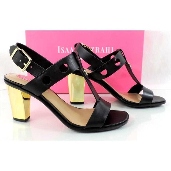 Isaac Mizrahi Sasha Metallic Heels Ankle Strap Sandal Studs Leather Black Size 8 - Picture 5 of 6